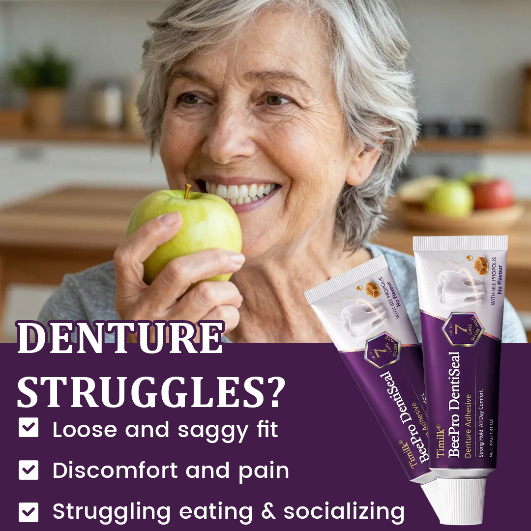 Timilk® BeePro DentiSeal Denture Adhesive🦷🐝💜 FDA Certified (Clinically Proven 96-Hour Lock Hold with Bee Propolis Gum Comfort for Secure, Comfortable & Zinc-Free Denture Fit)